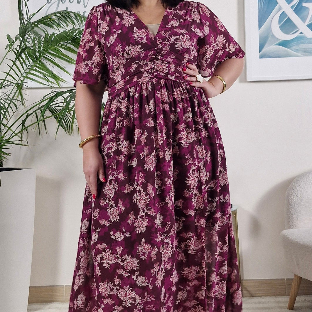 Robe longue fleurie portefeuille bordeaux Grande Taille: KATY