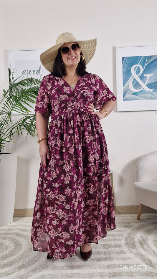 Robe longue fleurie portefeuille bordeaux Grande Taille: KATY