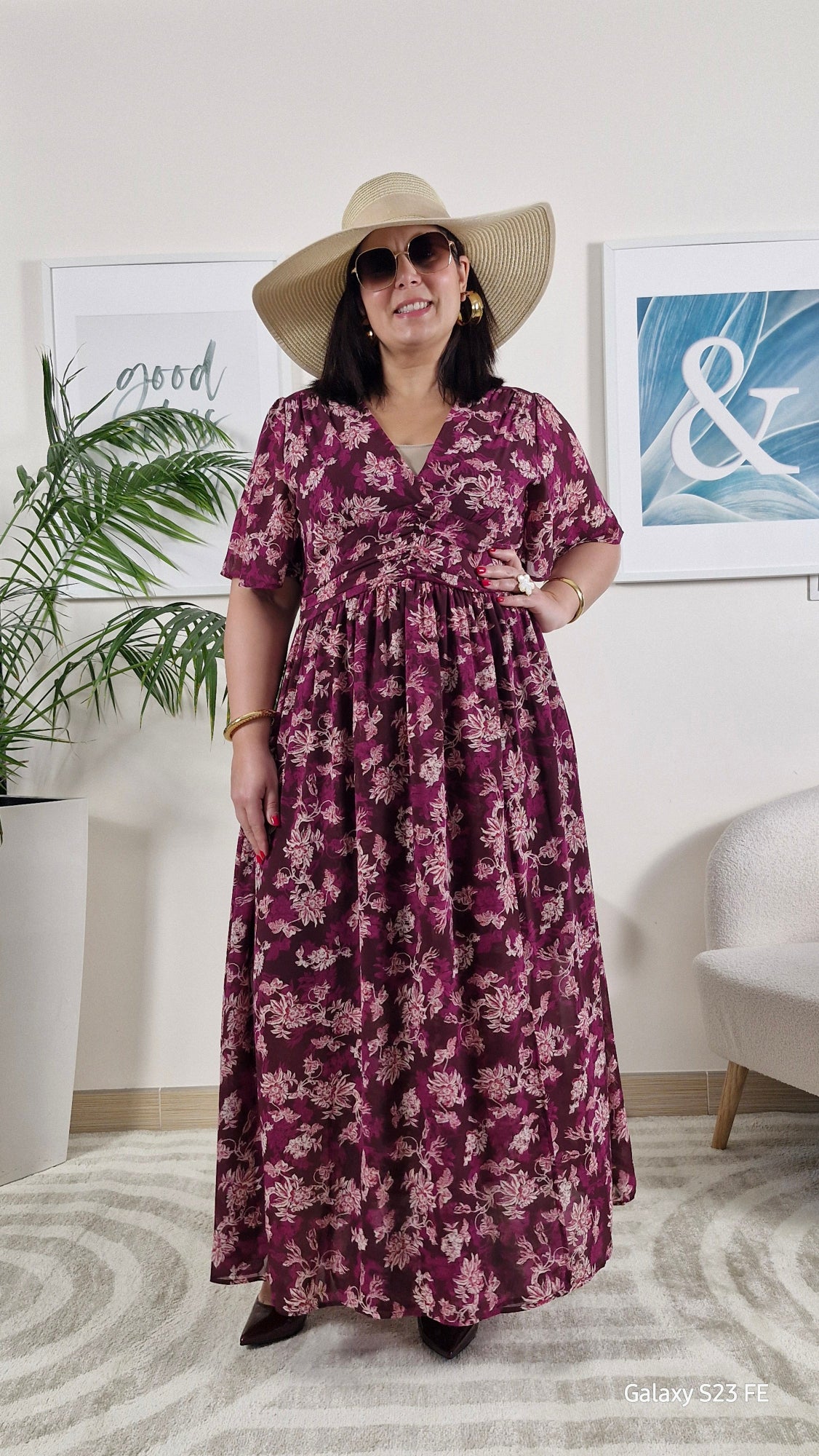 Robe longue fleurie portefeuille bordeaux Grande Taille: KATY