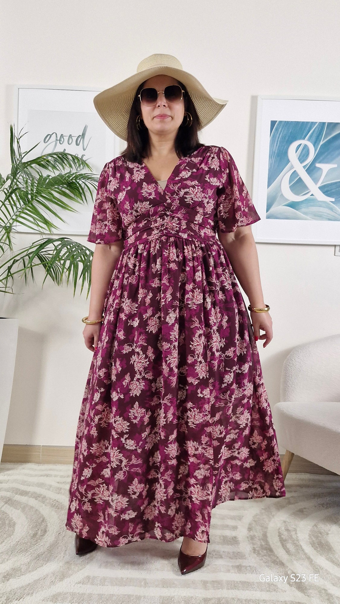 Robe longue fleurie portefeuille bordeaux Grande Taille: KATY