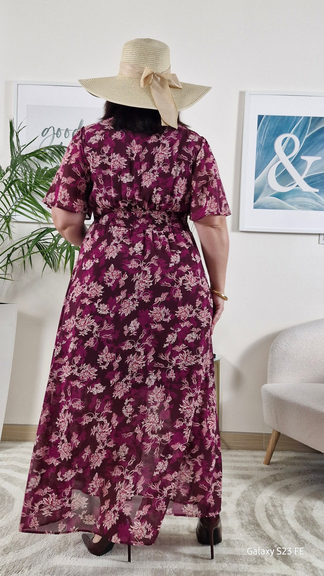 Robe longue fleurie portefeuille bordeaux Grande Taille: KATY