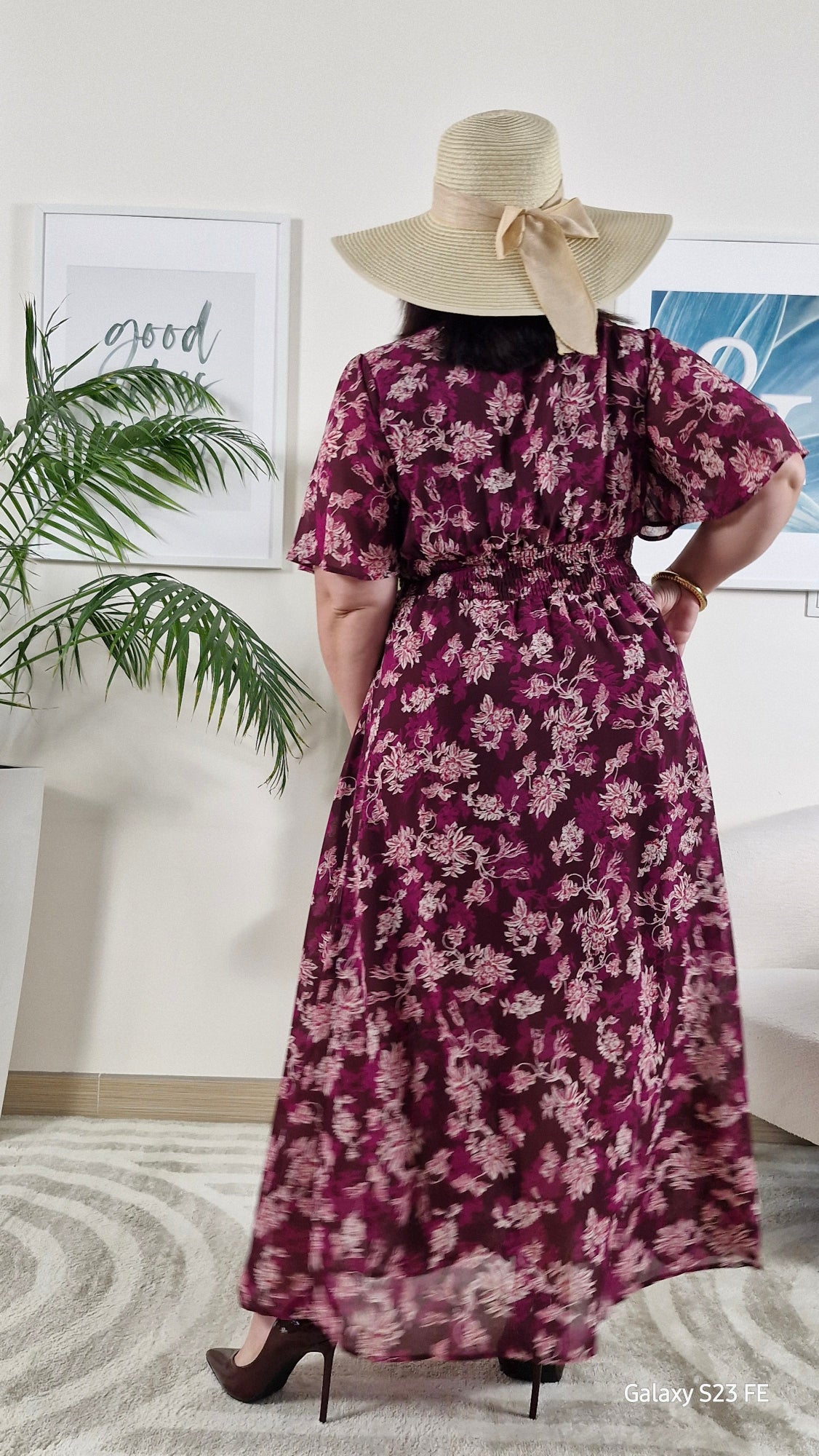Robe longue fleurie portefeuille bordeaux Grande Taille: KATY