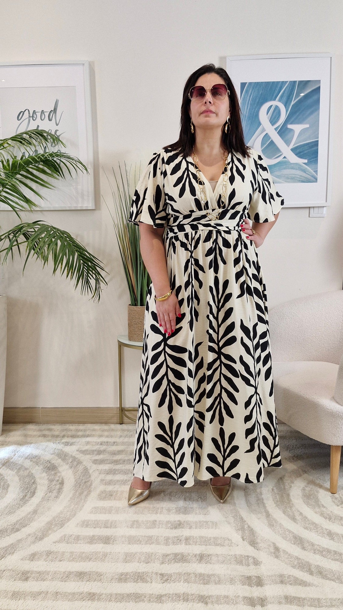 Robe longue imprimé noir et écru femme Grande Taille: BIANCA