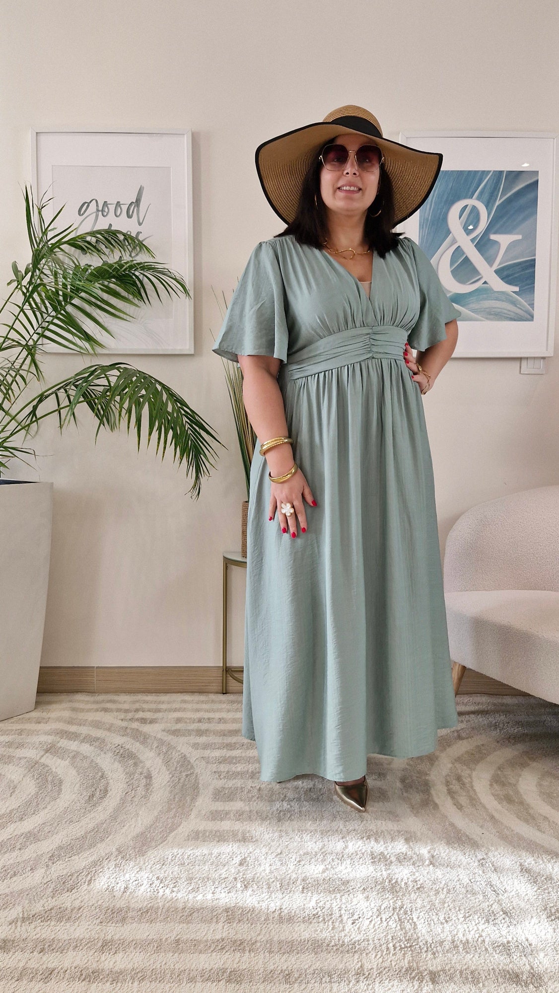 Robe longue vert sauge grande taille : CELESTE