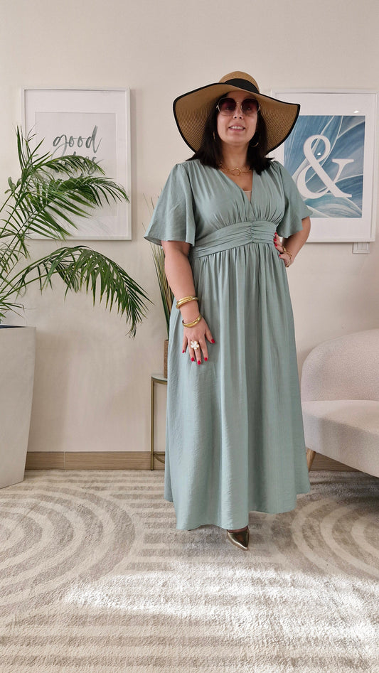 Robe longue vert sauge grande taille : CELESTE