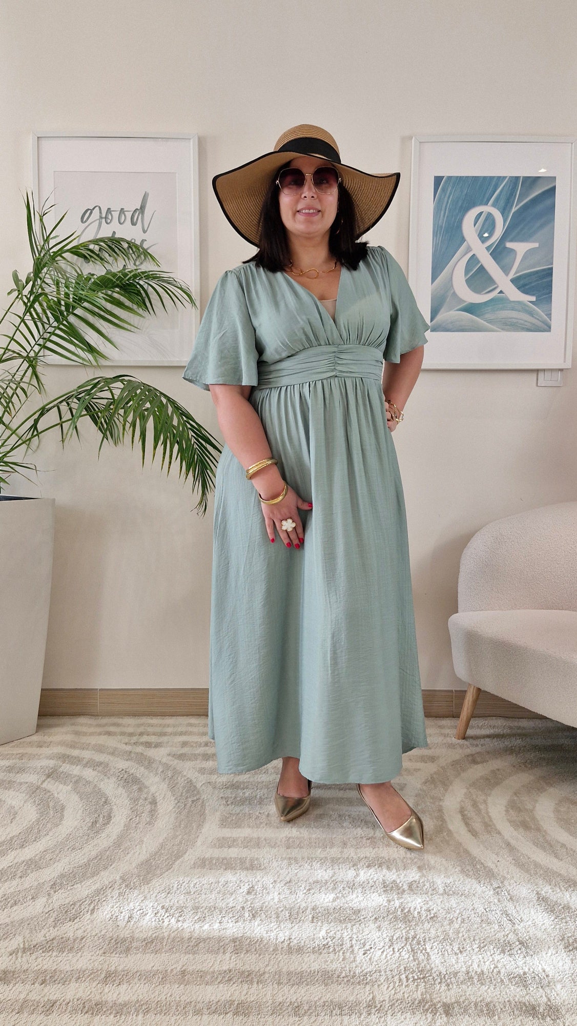 Robe longue vert sauge grande taille : CELESTE