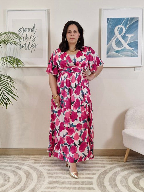 Robe longue à fleurs roses grande taille CAMELIA