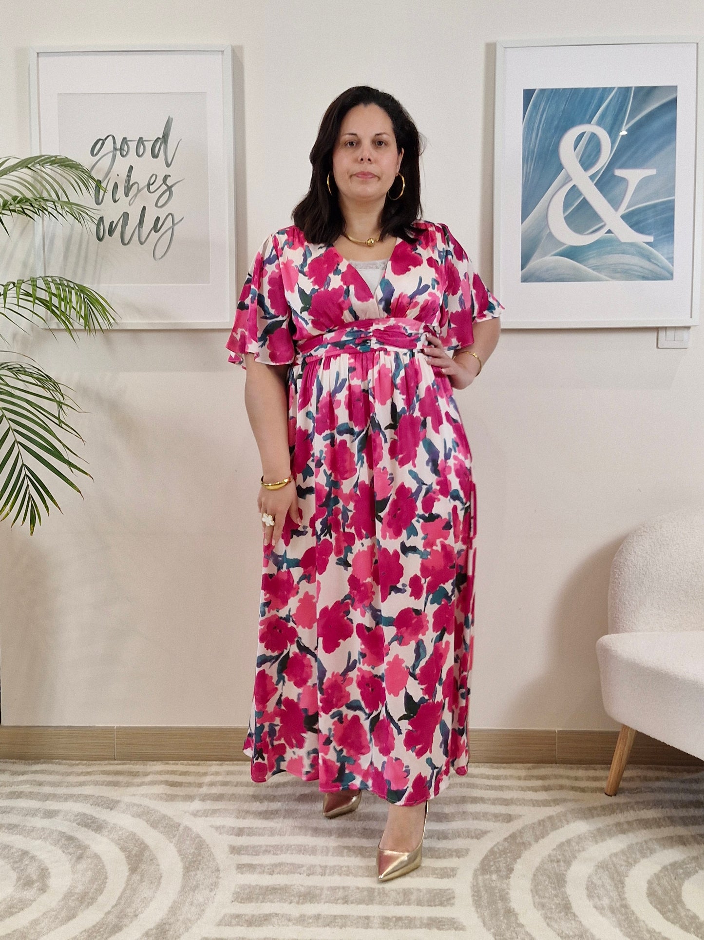 Robe longue à fleurs roses grande taille CAMELIA