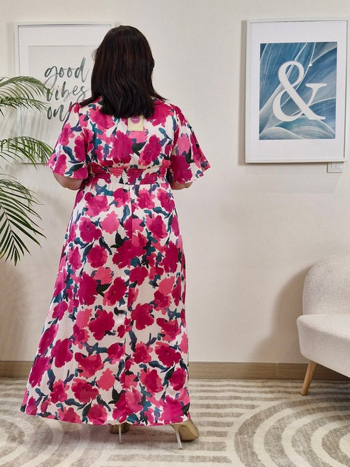 Robe longue à fleurs roses grande taille CAMELIA