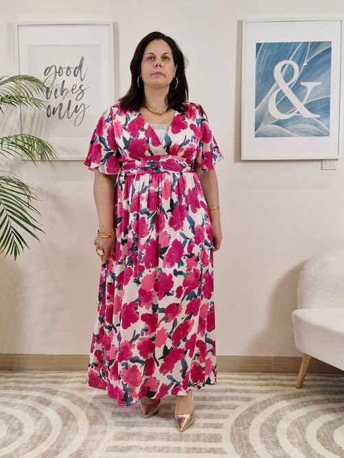 Robe longue à fleurs roses grande taille CAMELIA
