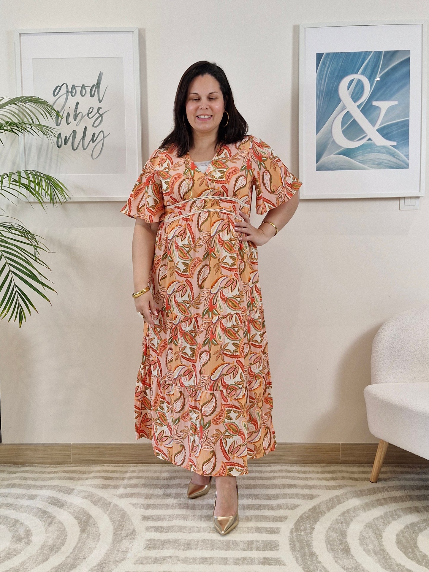 Robe longue orange avec fleurs GRANDE TAILLE _PIPA