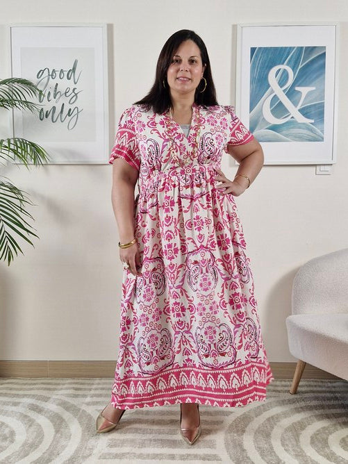 Robe longue blanche et fleurs roses grande taille EVE