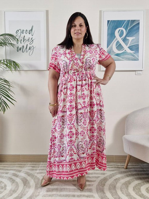 Robe longue blanche et fleurs roses grande taille EVE
