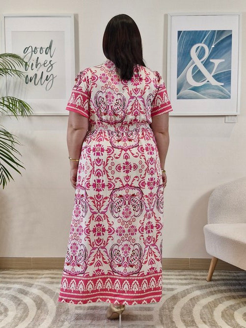 Robe longue blanche et fleurs roses grande taille EVE