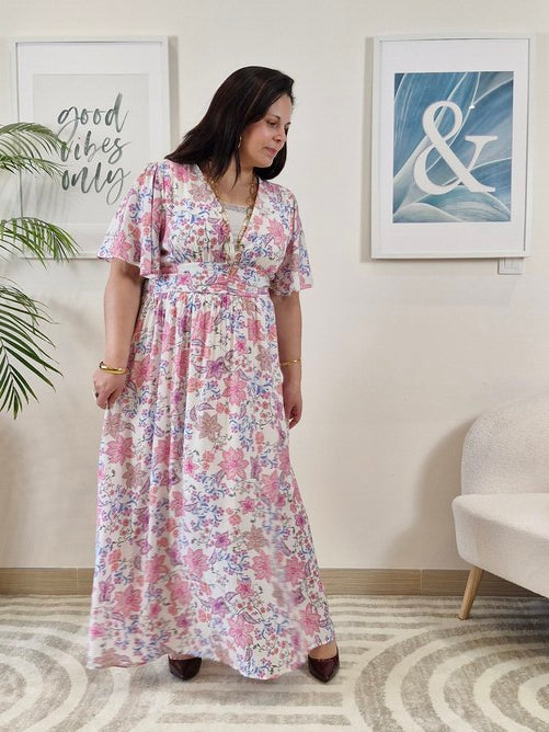 Robe longue à petites fleurs roses Grande Taille_ SIA
