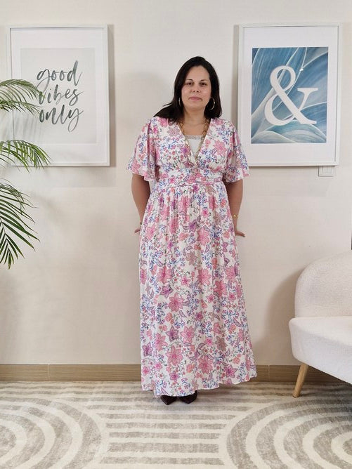 Robe longue à petites fleurs roses Grande Taille_ SIA