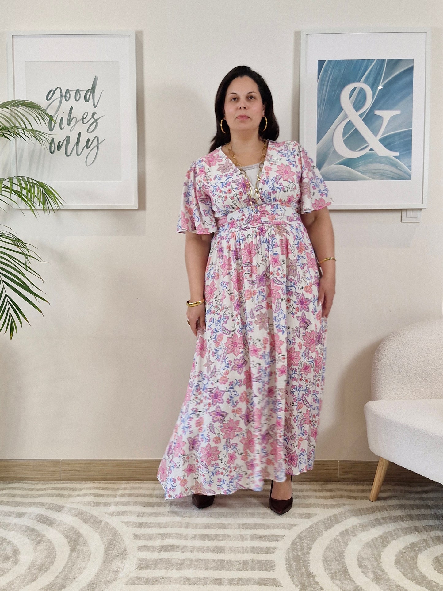 Robe longue à petites fleurs roses Grande Taille_ SIA