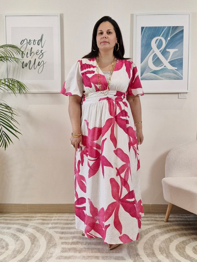 Robe longue dentelle blanche avec fleurs roses grande taille MAEVA