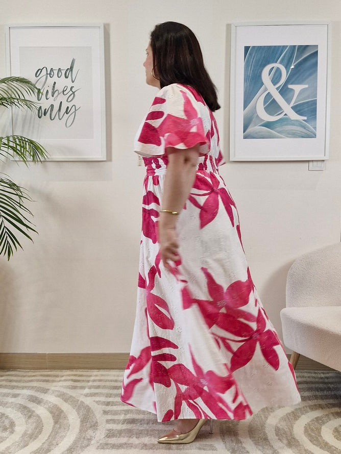 Robe longue dentelle blanche avec fleurs roses grande taille MAEVA