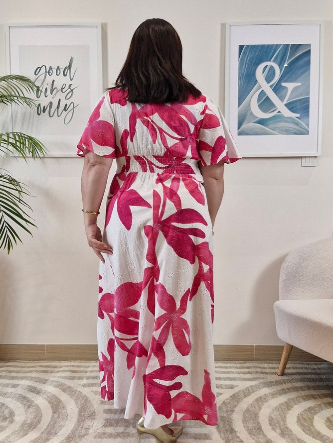 Robe longue dentelle blanche avec fleurs roses grande taille MAEVA