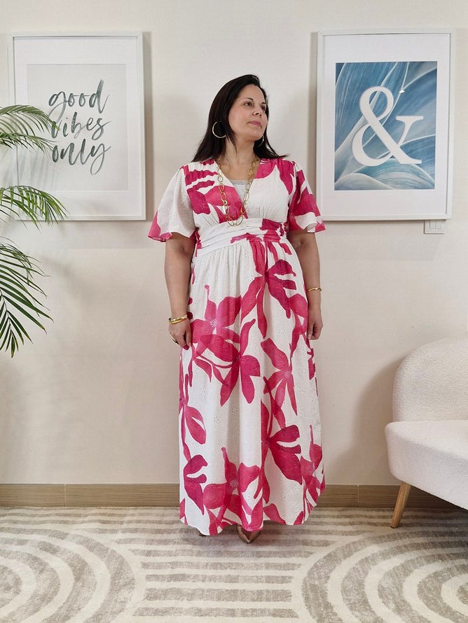 Robe longue dentelle blanche avec fleurs roses grande taille MAEVA