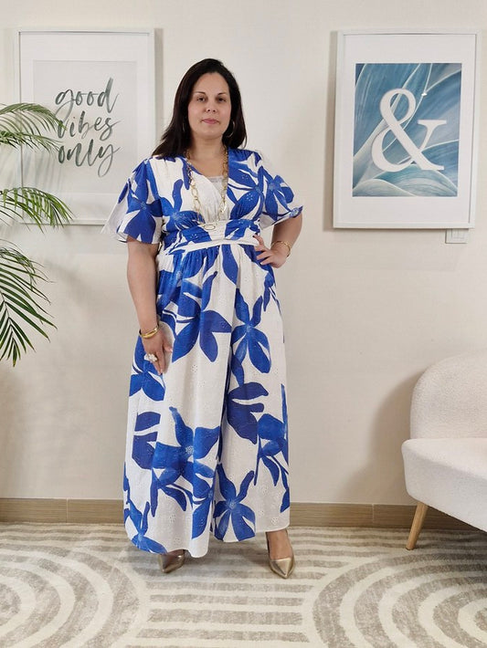 Robe longue dentelle blanche avec fleurs bleues grande taille  MAEVA