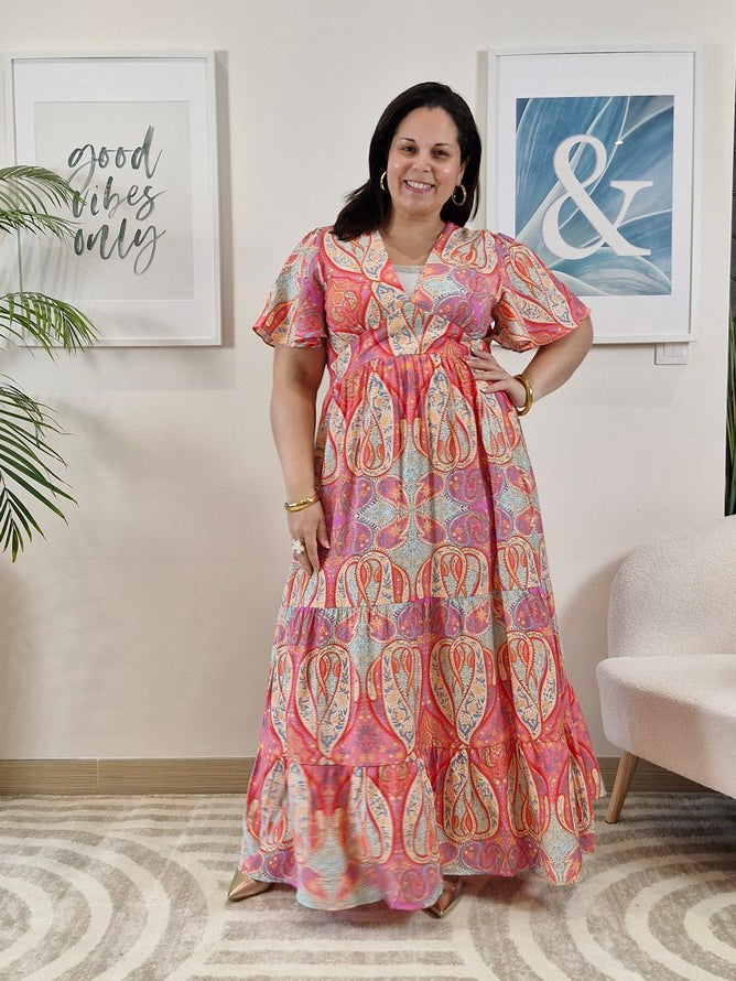 Robe longue arabesques roses et violettes grande taille IMANY