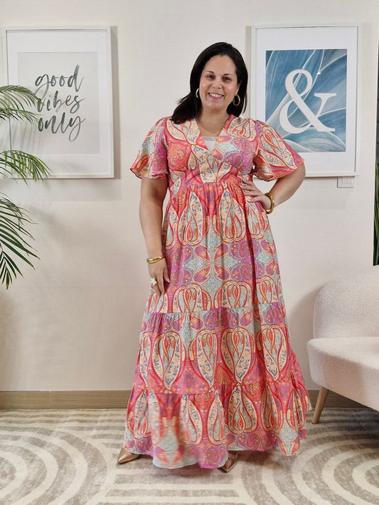Robe longue arabesques roses et violettes grande taille IMANY