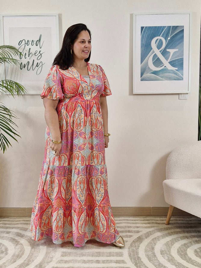Robe longue arabesques roses et violettes grande taille IMANY