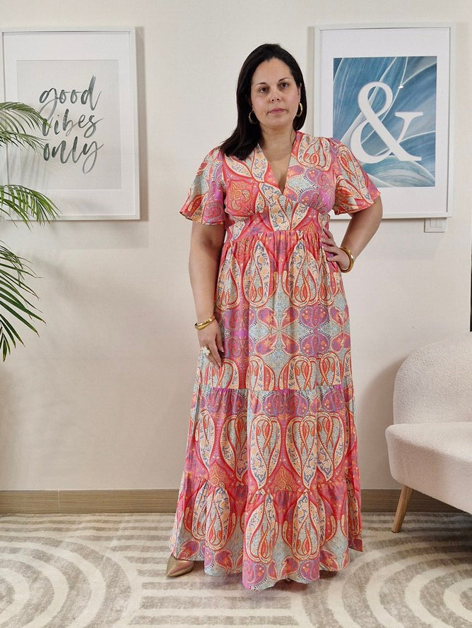 Robe longue arabesques roses et violettes grande taille IMANY