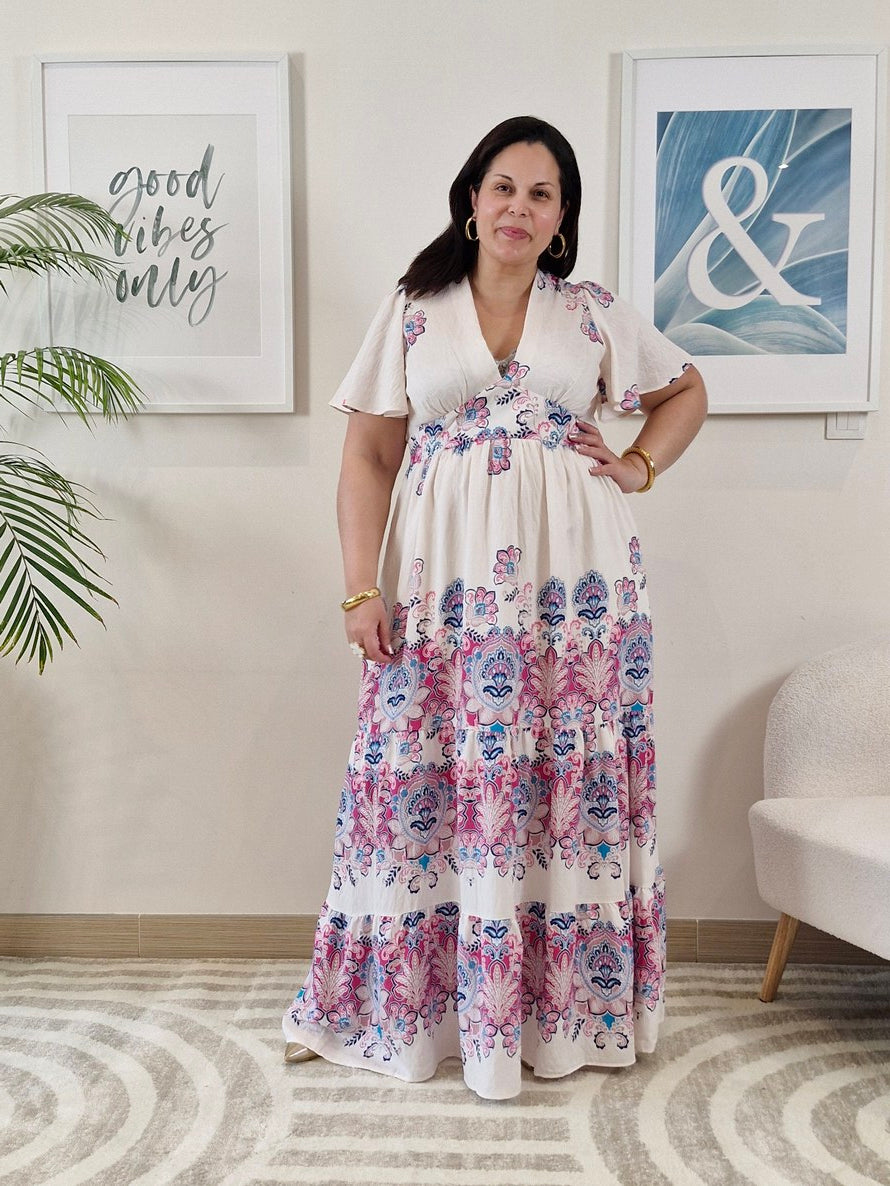 Robe longue blanche motifs arabesque Grande Taille: SELYA