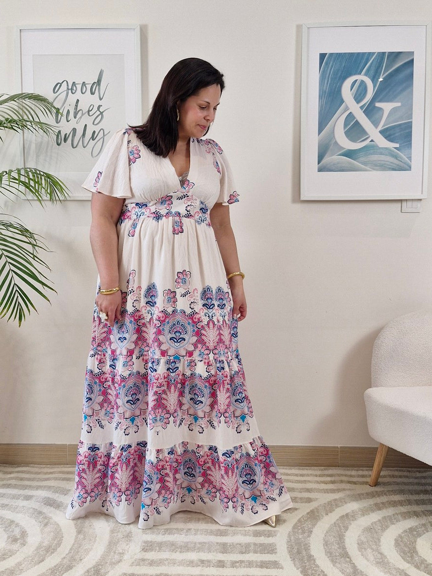 Robe longue blanche motifs arabesque Grande Taille: SELYA