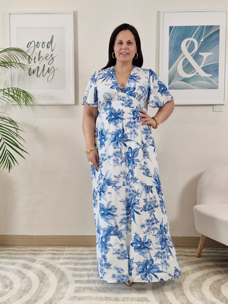 Robe longue blanche et fleurs bleues Grande Taille: ZINA