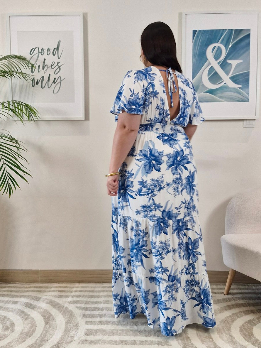 Robe longue blanche et fleurs bleues Grande Taille: ZINA