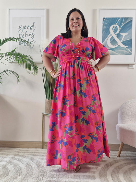 Robe longue fuchsia imprimé floral VANILLE grande taille