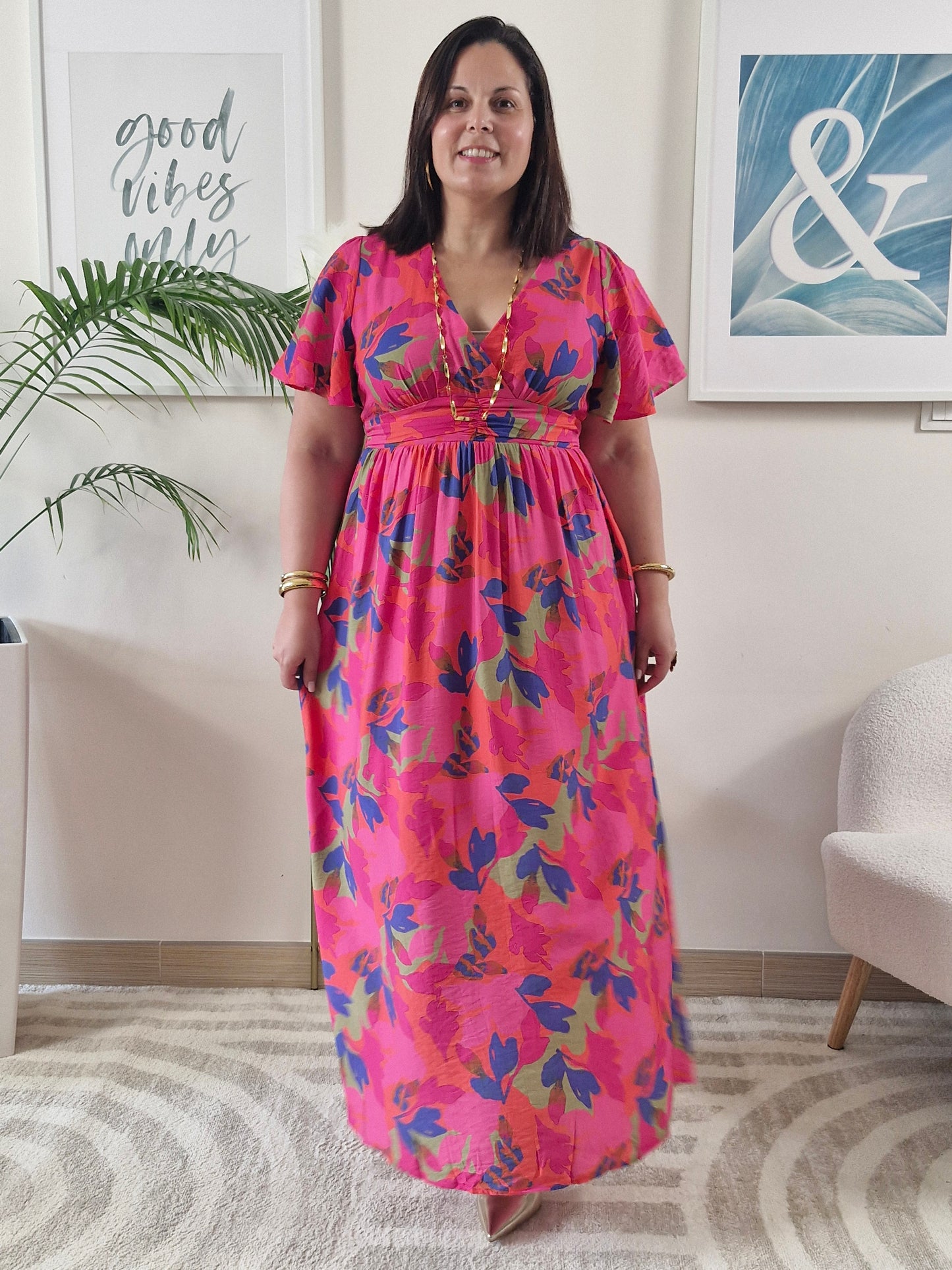 Robe longue fuchsia imprimé floral VANILLE grande taille