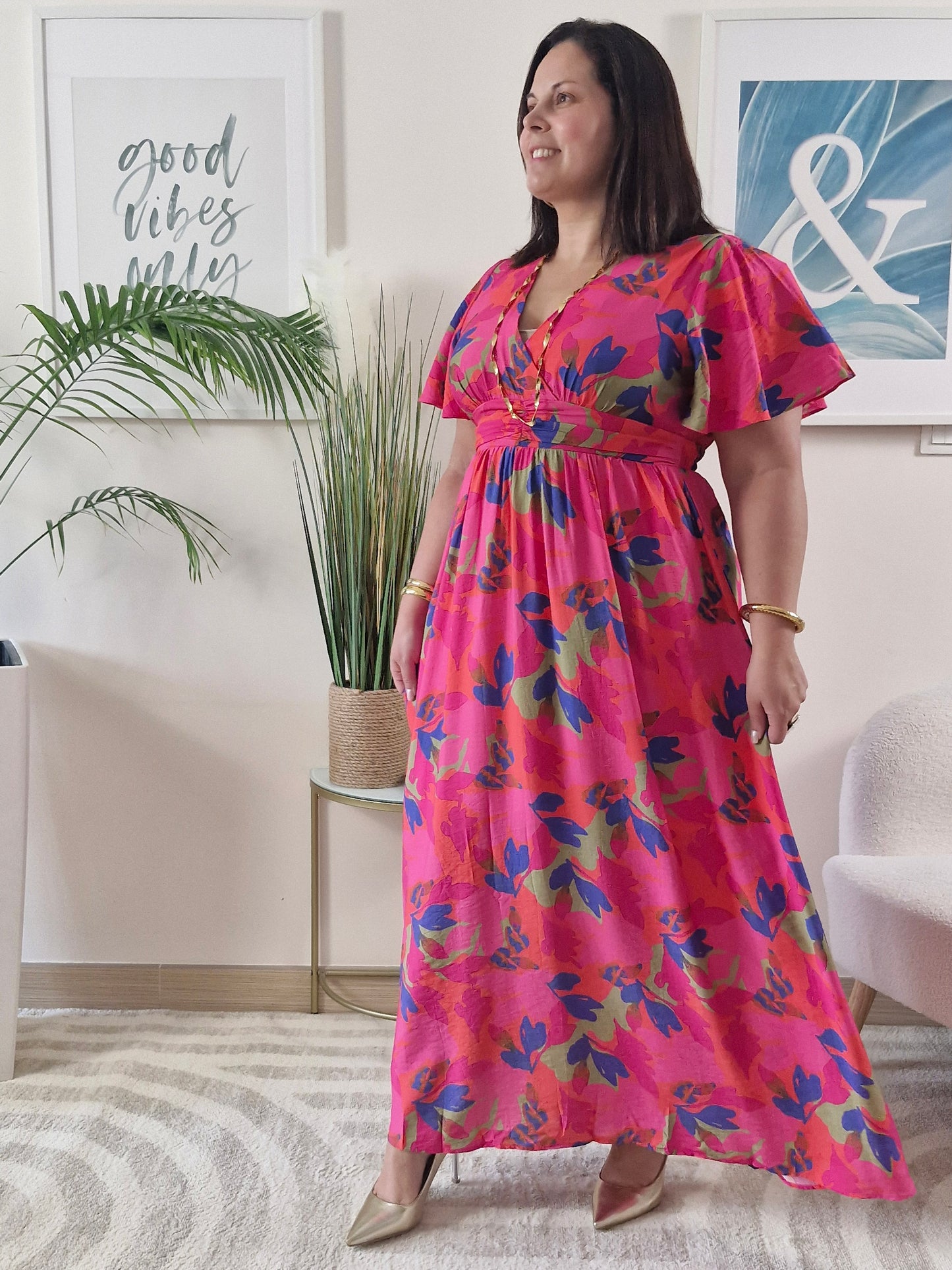 Robe longue fuchsia imprimé floral VANILLE grande taille