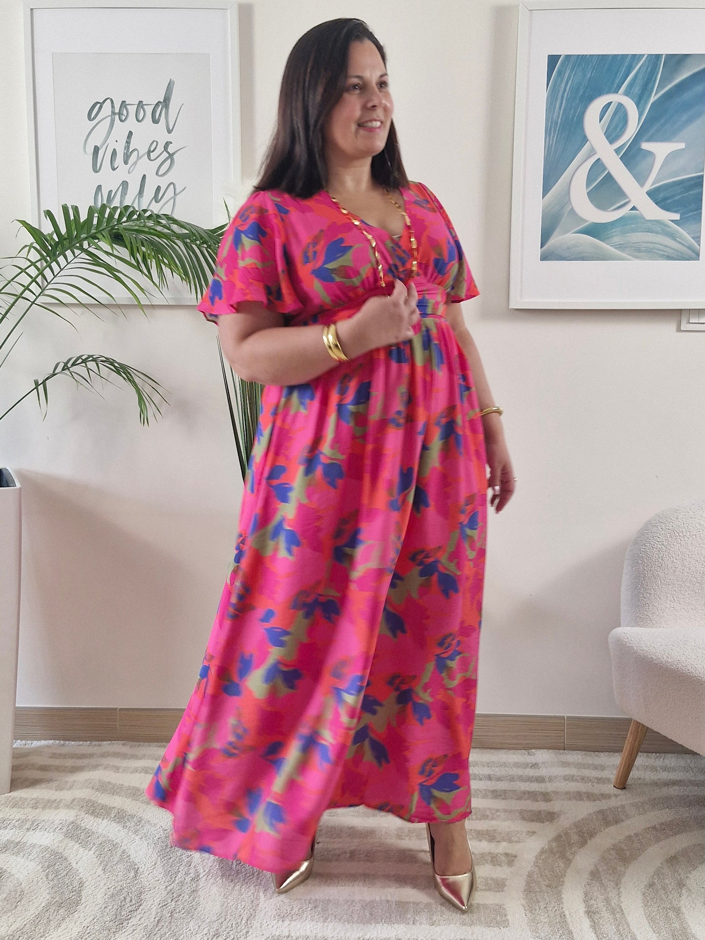 Robe longue fuchsia imprimé floral VANILLE grande taille