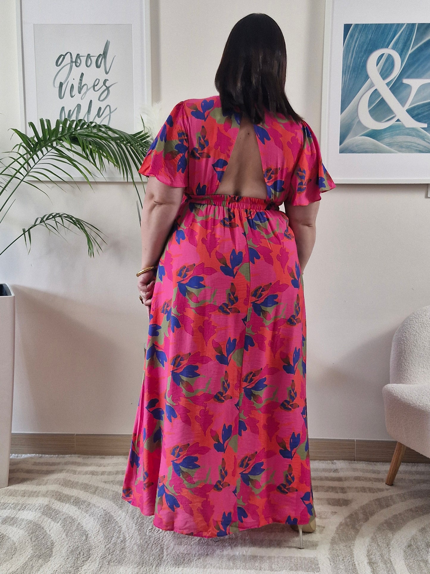 Robe longue fuchsia imprimé floral VANILLE grande taille