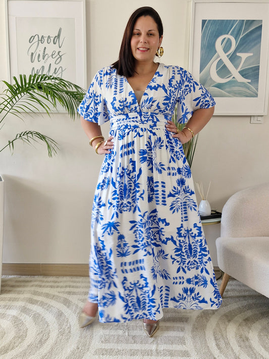 Robe longue blanche et bleue imprimé floral GEORGIANA Grande Taille