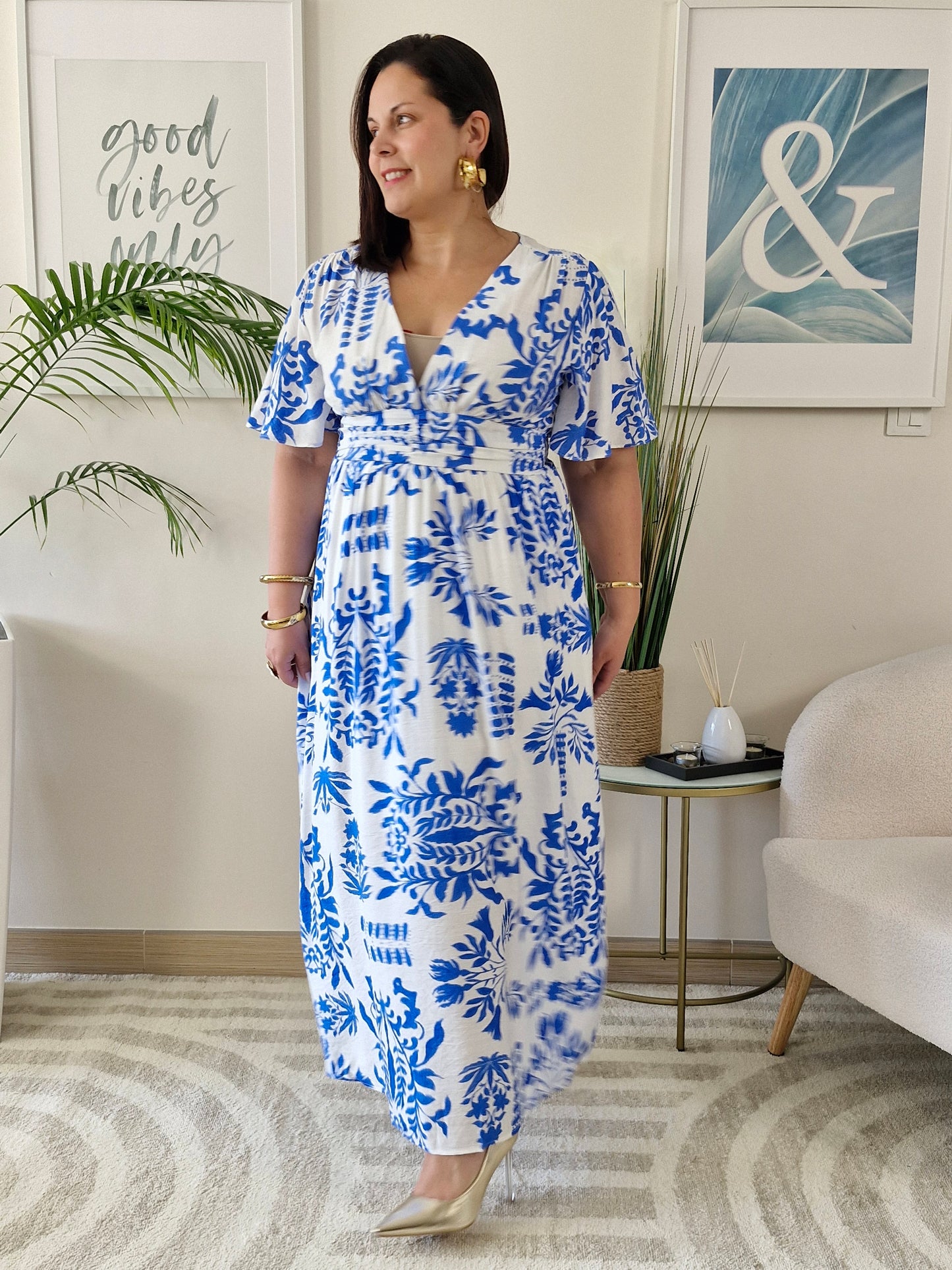 Robe longue blanche et bleue imprimé floral GEORGIANA Grande Taille