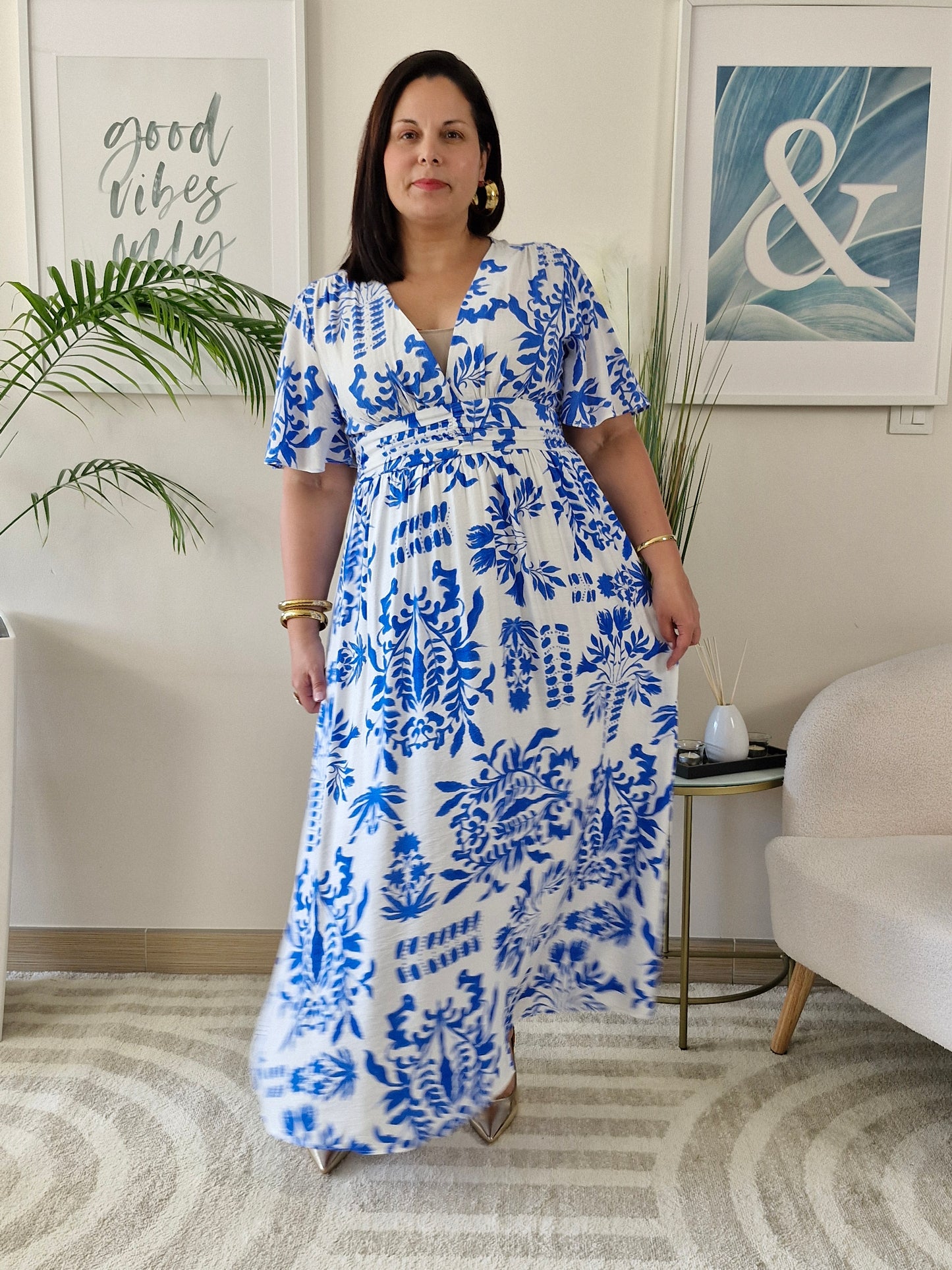 Robe longue blanche et bleue imprimé floral GEORGIANA Grande Taille
