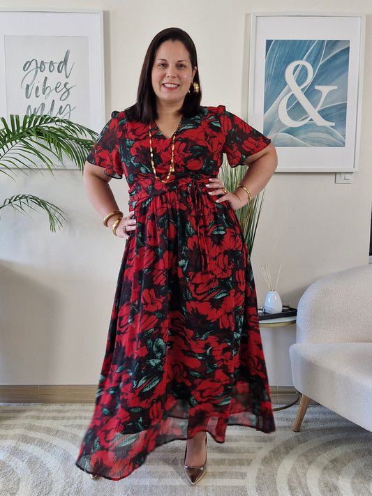 Robe longue rouge fleurie MARIA grande taille