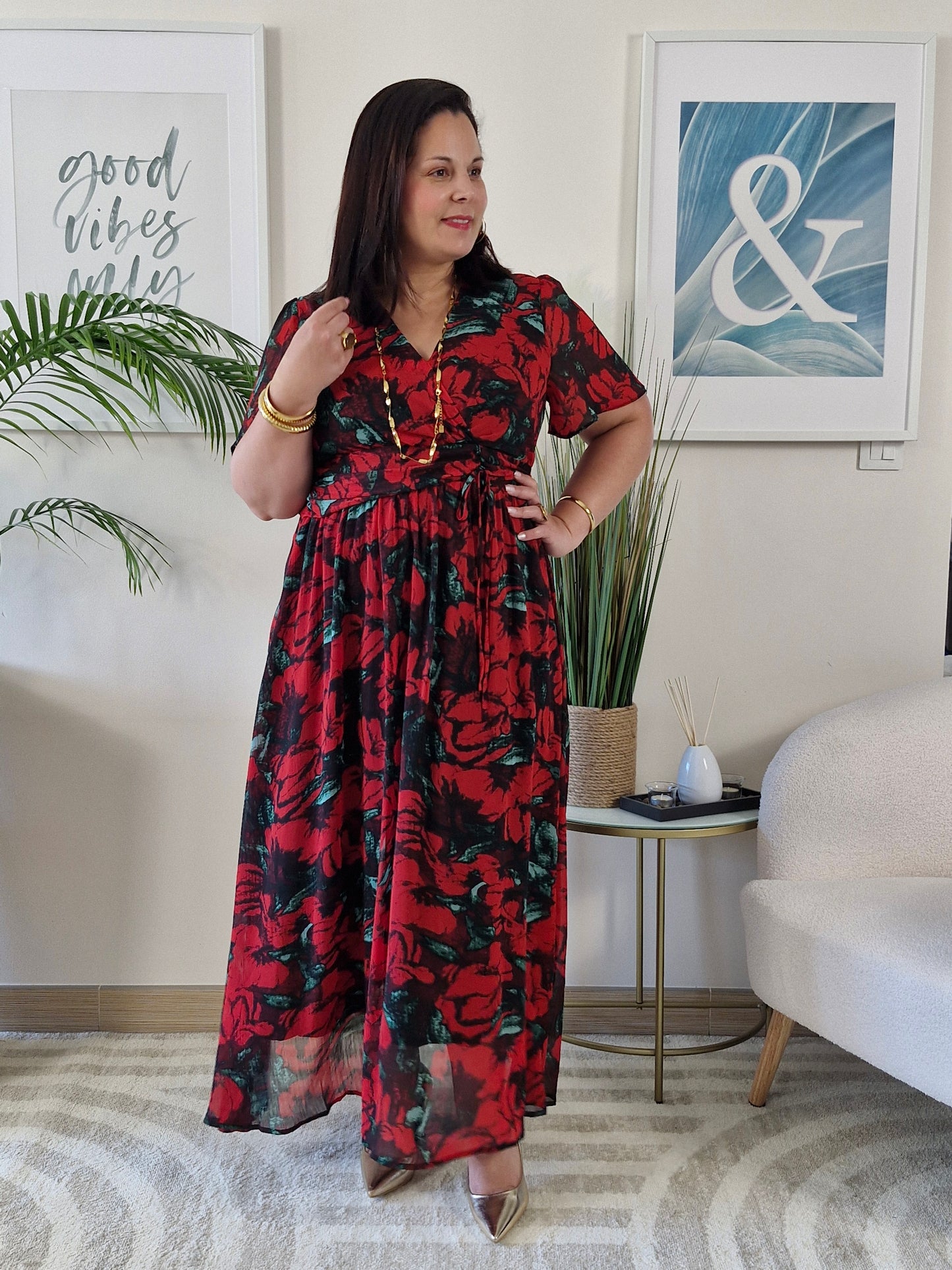 Robe longue rouge fleurie MARIA grande taille