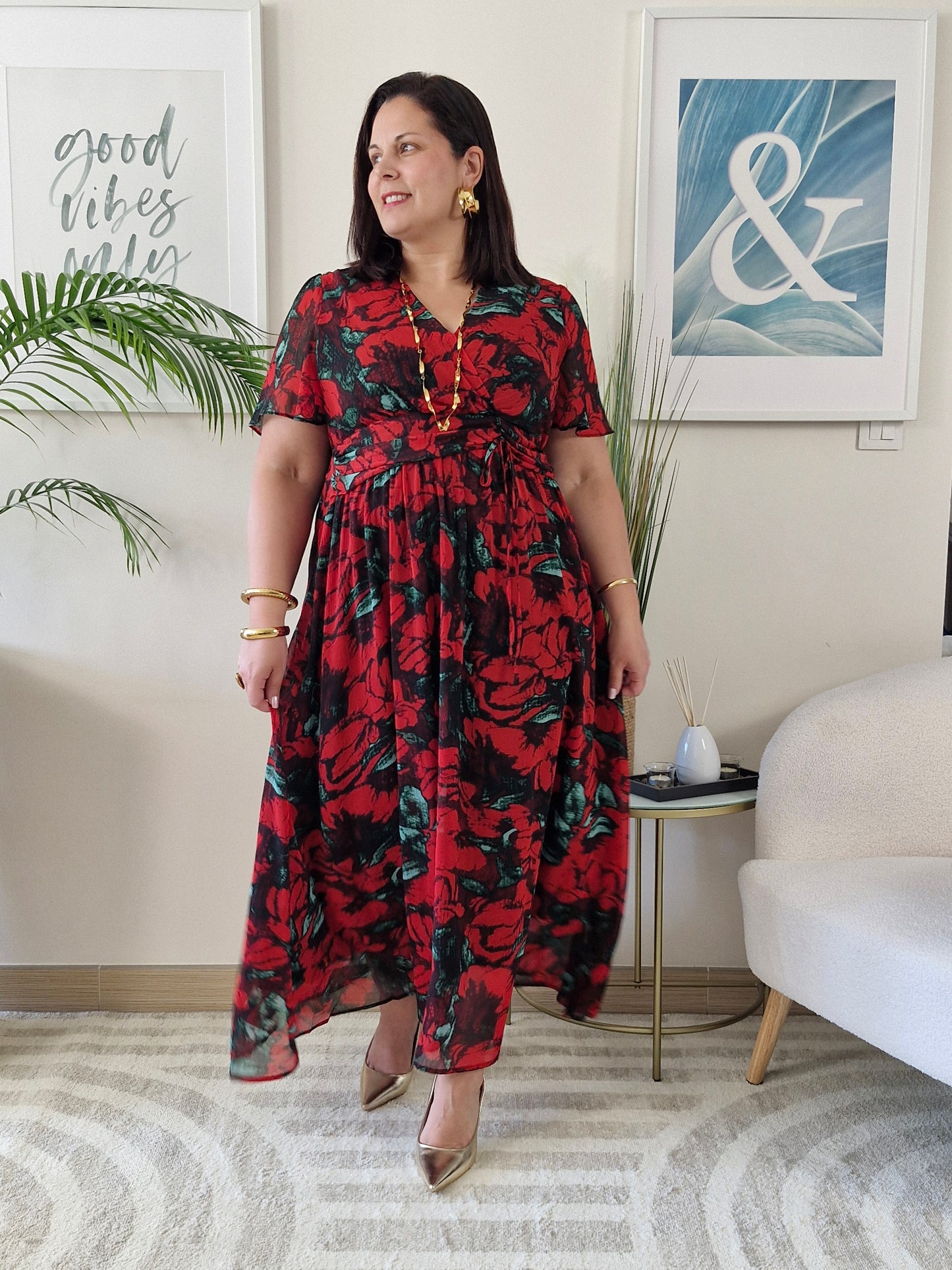 Robe longue rouge fleurie MARIA grande taille