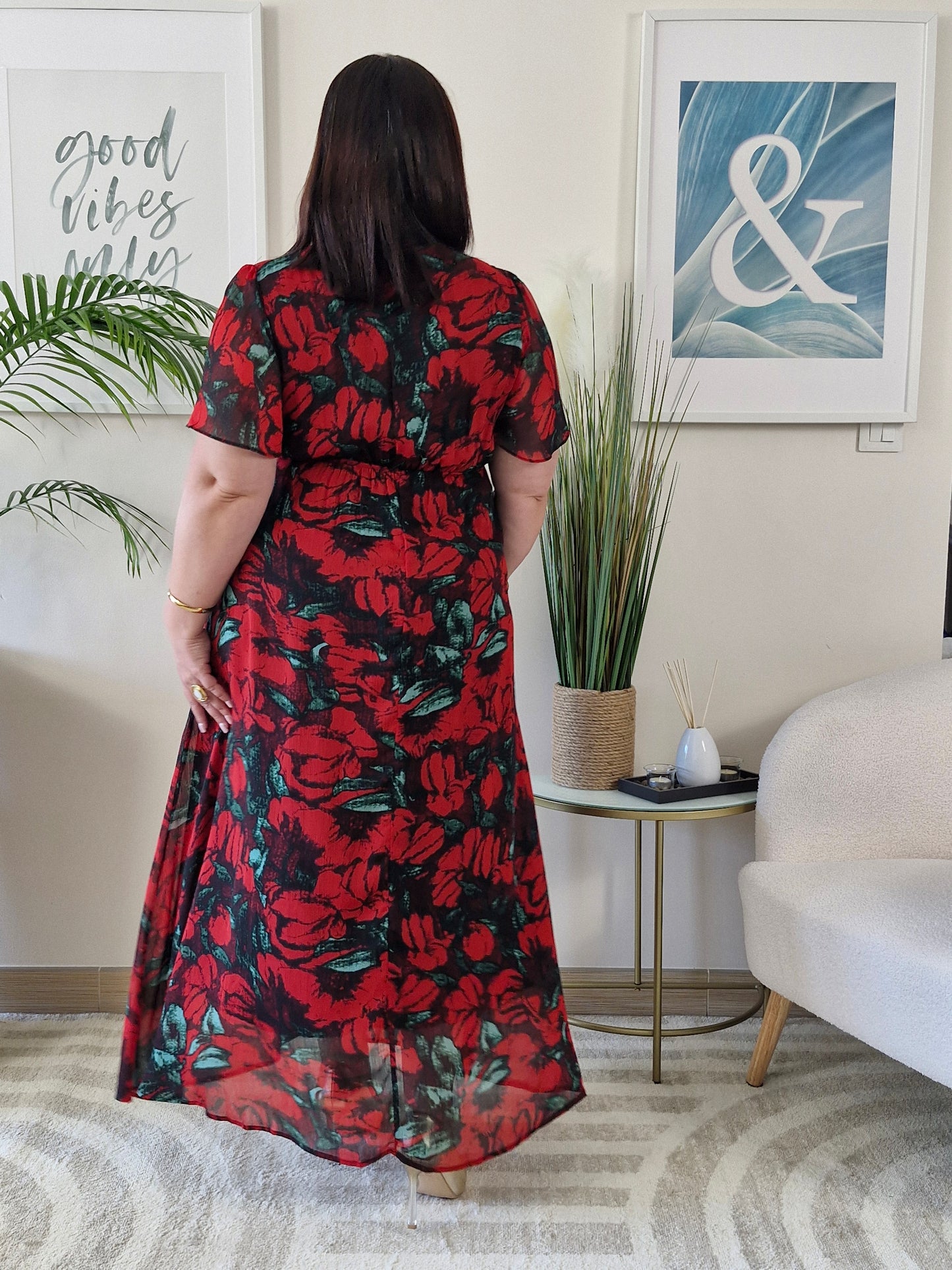 Robe longue rouge fleurie MARIA grande taille