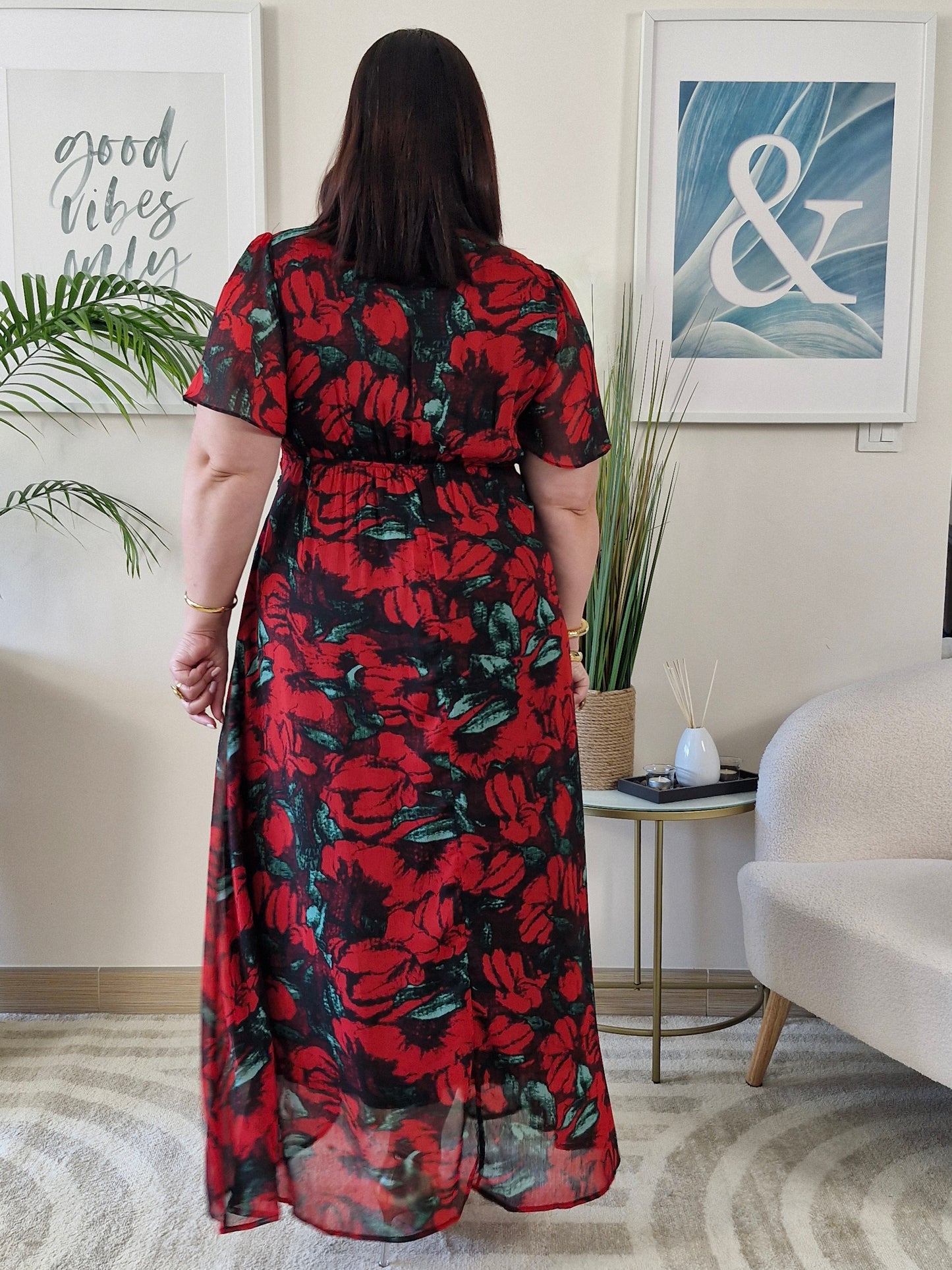 Robe longue rouge fleurie MARIA grande taille