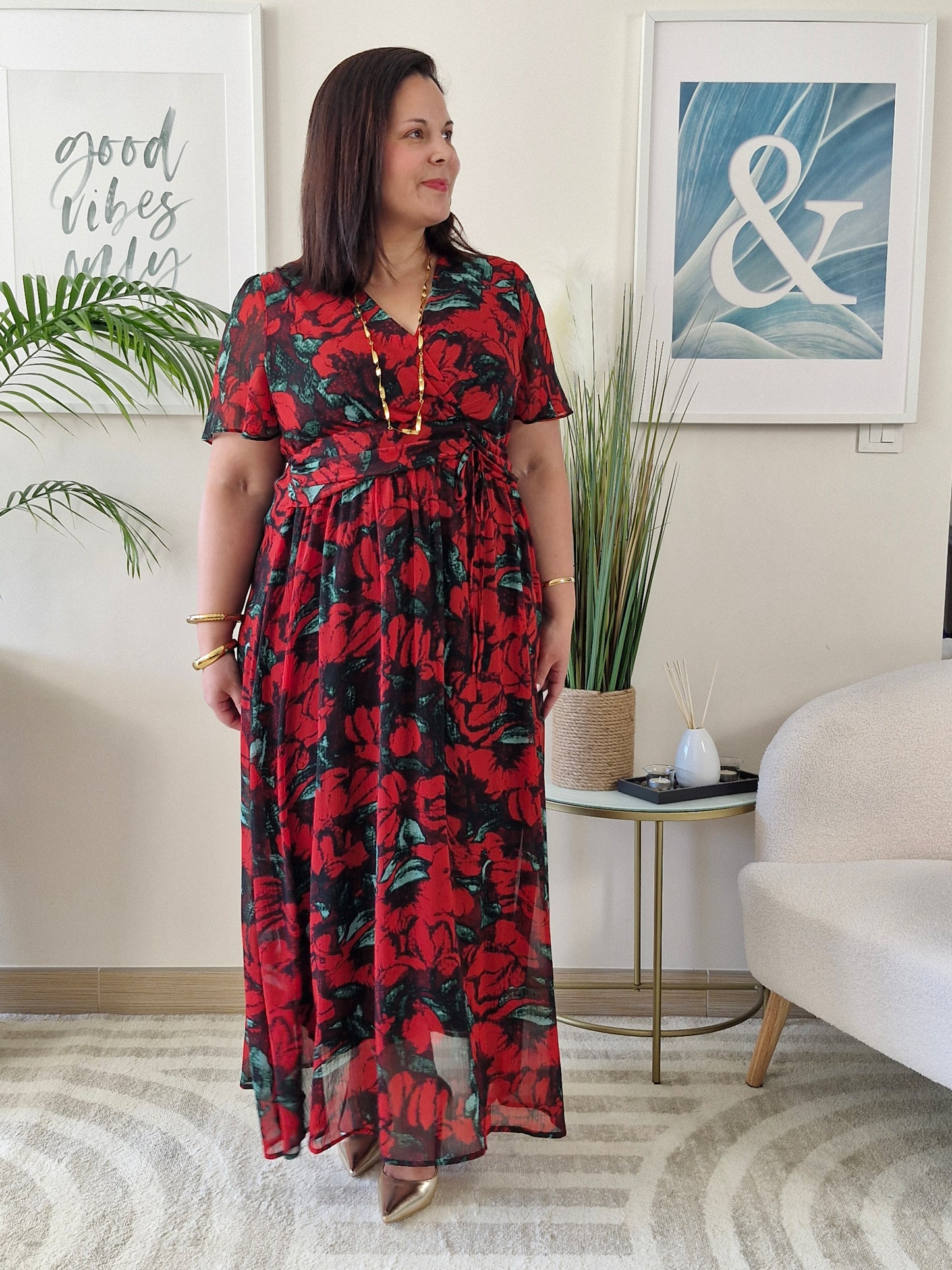Robe longue rouge fleurie MARIA grande taille