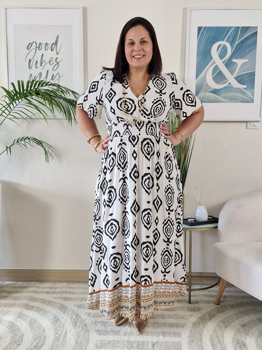 Robe longue beige imprimés noirs MOANA Grande Taille