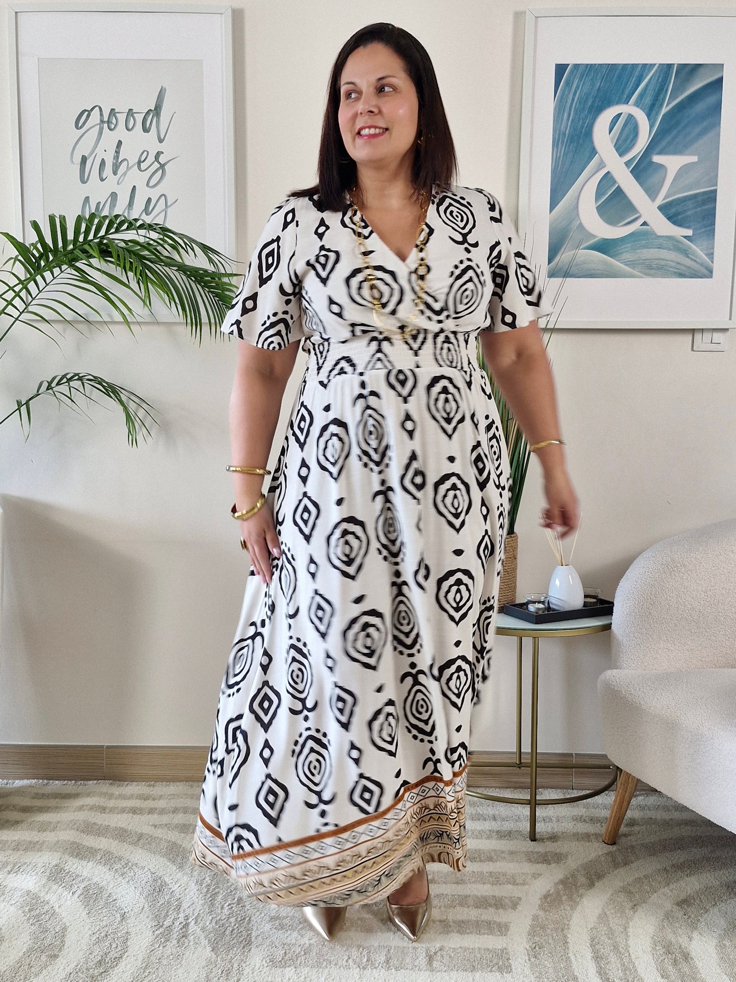 Robe longue beige imprimés noirs MOANA Grande Taille